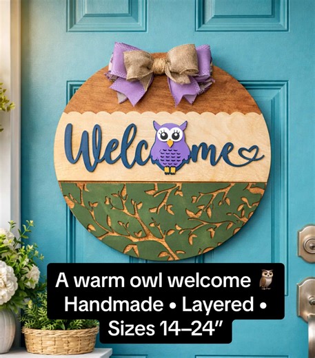 A little detail that makes a big difference at the front door 🦉 Handmade wooden welcome sign, available in sizes from 14” to 24”. #FrontDoorDecor #WelcomeSign #HandmadeHome #HomeDecorTok #PorchDecor