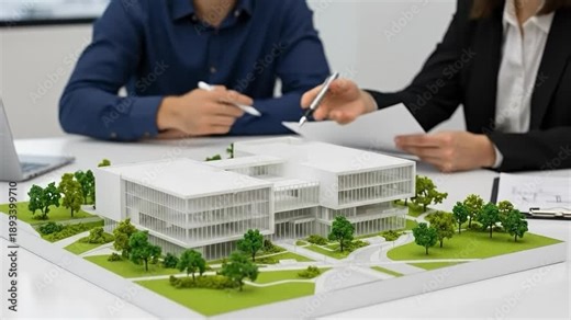 Architectural team discussing a modern office building scale model in a professional office setting with a laptop and documents