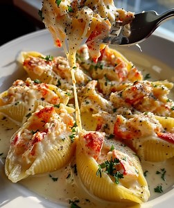 🦞 Creamy Lobster-Stuffed Shells 🧀 A decadent, easy comfort meal perfect for seafood lovers. 📝 Ingredients: 12 jumbo pasta shells, cooked 1 ½ cups cooked lobster meat, chopped 1 cup ricotta cheese 1 cup shredded mozzarella ½ cup grated parmesan 1 cup heavy cream 2 tbsp butter 2 cloves garlic, minced 1 tsp black pepper 1 tbsp chopped parsley Salt to taste 🍴 How to prepare it: 1️⃣ Make the lobster filling Mix lobster, ricotta, mozzarella, and seasoning for a rich seafood blend and easy comfort 