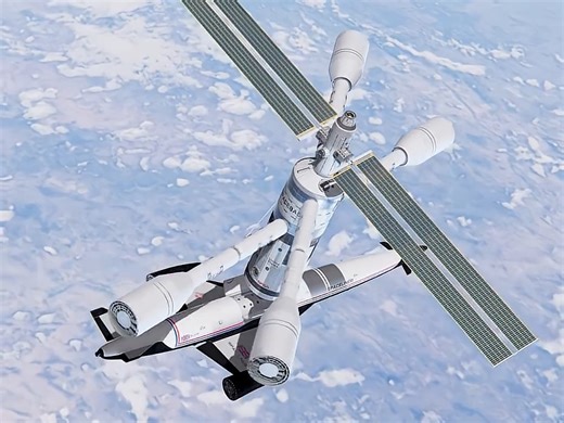 未来“太空客轮”单级入轨航天器与空间站地对接，可载员20名旅客。