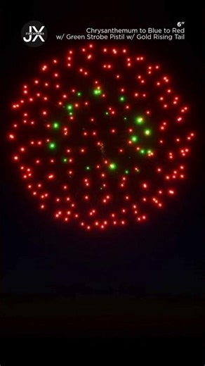 FWsim Shell | Chrysanthemum to Blue to Red w/ Green Strobe Pistil w/ Gold Rising Tail (6")