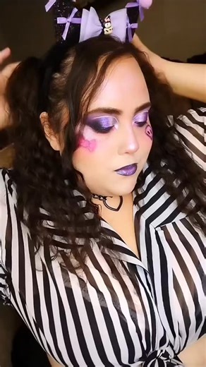 Melissa Cortes on Instagram: "💜My Kuromi inspired makeup look 😊makeup I used Eyes: @unearthlycosmetics The Weirdos Palette + The Sleepover Palette @cosmic_brushes Muse Palette + Delights Palette Shroud Cosmetics Creepy Cute Palette @colourpopcosmetics White Liquid Eyeliner (Graceland) + Pink liquid eyeliner (Ducky) black eyeliner/smudge duo Face Products ColourPop Hydrating face primer @elfcosmetics fair rose concealer, @revlon 24hrs super stay foundation @snarlsbox Blushed and bronzed palette