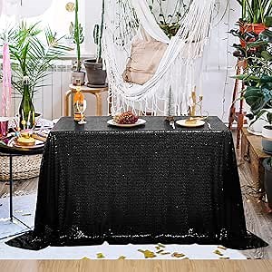 Nanbowang Sequin Tablecloth - Black Sequin Table Cover for Parties - Rectangular Table Linens - Birthday/Baby Shower/Tea Party Decor