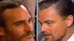 Joaquin Phoenix looks miserable as Leonardo DiCaprio accepts his Golden Globe for Best Actor