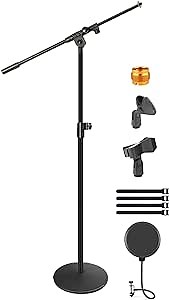 Microphone Stand, Detachable Weighted Round Base Mic Floor Stand with Boom Arm Pop Filter Mic Clips 3/8" to 5/8" Adapter Cable Ties, Height Adjustable from 48" to 63" for Snowball Blue Yeti