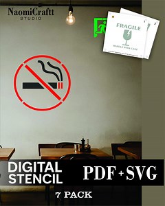 Safety Sign Stencil 7 Pack .  Printable PDF Icons For Parking, Exit, Fragile & No Smoking Signs