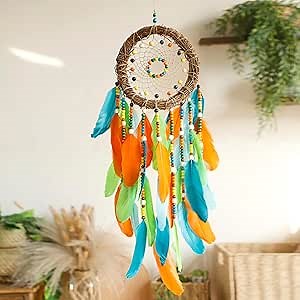 Dream Catcher Native American Boho Dreamcatcher Rattan Wall Decor, Handmade Natural Goose Feathers Blue Beaded Hanging Wall Art Indian Decor for Bedroom Living Room