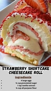Strawberry Shortcake Cheesecake Roll | Creamy, Fluffy & Bursting with Fresh Berries 🍓🍰 This beauty is a showstopper — soft sponge cake rolled up with whipped cheesecake filling and fresh strawberries, then topped with sprinkles and a drizzle of sweet strawberry sauce. Light, luscious, and full of summer charm… even in winter! 💕 Ingredients: For the Cake Roll: 4 large eggs ¾ cup granulated sugar 1 tsp vanilla extract ¾ cup all-purpose flour 1 tsp baking powder ¼ tsp salt Powdered sugar for dus