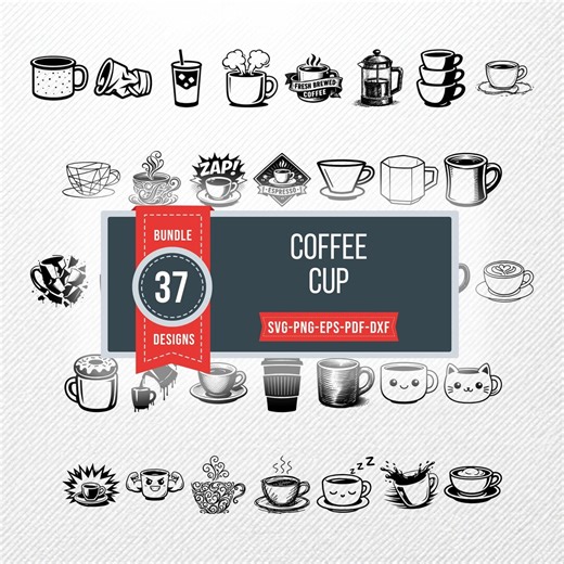 Coffee Cup SVG Bundle | 37 Clipart Vectors | PNG PDF Eps Dxf | Mug Silhouette - Etsy
