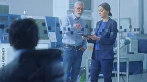 Inside Office: Digital Engineering Professional Working on Personal Computer, Designing 3D Component in CAD SoftwareIn Factory Workshop: Male and Female Engineers Use Tablet Computer and Talk