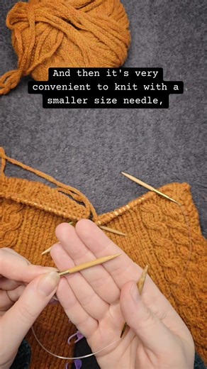Reasons why it's convenient to knit by using a smaller left hand needle (or opposite if you're a left handed knitter!): 1. easier to insert the needle in stitches; 2. stitches have easier time sliding on the needle, especially useful for tight, dense fabric knitting; 3. no need for two sets of needles when knitting both sleeves, socks or mittens at the same time. It's basically a small knitting hack to increase the convenience of knitting.