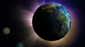 3D Rendering globe spinning and orbit in the universe with lighting effect and dark grain processed world map image source from NASA