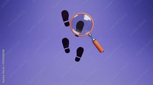 3D animation tracking footsteps with magnifying glass