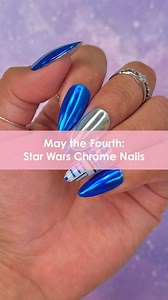 R2D2 Star Wars Chrome Nails 🤖🌌🪐 Happy Star Wars Day! 𝗠𝗮𝘆 𝘁𝗵𝗲 𝗙𝗼𝘂𝗿𝘁𝗵 𝗯𝗲 𝘄𝗶𝘁𝗵 𝘆𝗼𝘂 💙 Comment "STAR WARS" for the 🔗 to everything you need to recreate this look! Save & share for inspo! 💙 Using @daily_charme: 🖤 001 Perfect Black 🤍 002 Perfect White 🩶 Platinum Chrome Powder 💙 805 Bedtime Story 💙 T10 Midnight Kiss 💅 Chrome Effect Gel 💪 5-in-1 Strengthening Gel 💎 Diamond Shine Top Coat #chromenails #starwarsnails #maythefourth #nailinspo #nailart #naildesign #nailtuto