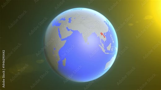 The animation shows a graphic representation of the earth and highlights the location and map of Laos colored red.