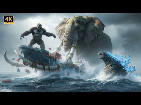Kong & Giant Elephant vs Godzilla – Epic Ocean Battle on Massive Cargo Ships!