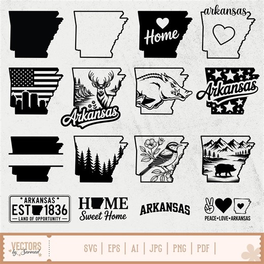 Arkansas SVG Bundle, Arkansas Outline SVG, Arkansas Silhouette, Arkansas State Designs, Arkansas Map PNG, Arkansas Cut Files, Arkansas Home