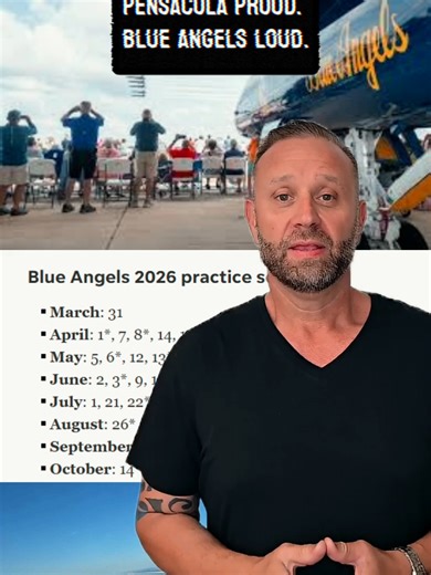 The 2026 Blue Angels practice schedule is out and you can watch them fly right here in Pensacola. 🇺🇸✈️ Public practices begin March 31 at NAS Pensacola, with select autograph days at the National Naval Aviation Museum. The first show kicks off March 14 in California. One more reason people love living here. Comment BLUE for the full 2026 schedule. #BlueAngels #PensacolaFL #NASPensacola #LivingInPensacola #PensacolaBeach #FloridaLife #MilitaryTown #GulfCoastLiving