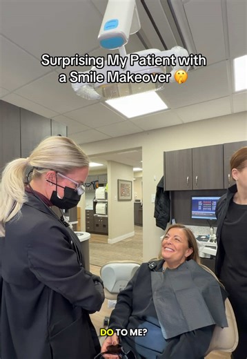 She said YES! I feel so lucky to be able to do this my long time patient & family friend, Karen. She is someone who does so much for everyone around her! This was just the temp insert so that she could decide if she absolutely loved them & she did! Stay tuned for her actual insert soon! #cosmeticdentist #veneers #dentist #dentistsoftiktok