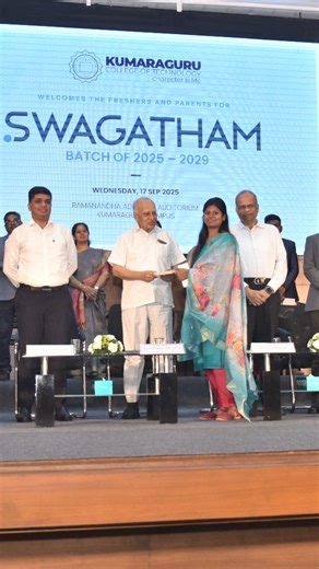 A new chapter begins! We're honored to welcome our 42nd batch of students, ready to write their own stories at Kumaraguru College of Technology. At "Swagatham 2025," our Chairman, Shri Krishnaraj Vanavarayar, delivered a powerful message that set the tone for this incredible journey. He reminded our students that with youth as 60-65% of India's population, they hold the key to the nation's future. His advice to our new students? Dream big—for yourselves and for the country. Stay focused, be a cr