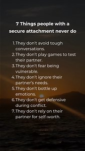 People with a secure attachment aren’t perfect—but they approach relationships with trust, open communication, and emotional balance. 💡 Here’s what they avoid: 1️⃣ They face hard conversations head-on instead of sweeping things under the rug. 2️⃣ They don’t play mind games—they believe in honesty and directness. 3️⃣ Vulnerability isn’t scary; it’s how they build deeper connections. 4️⃣ They recognize and respect their partner’s needs while maintaining their own. 5️⃣ They express emotions openly