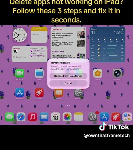 Can’t delete apps on iPad? Fix it fast with this step by step guide. Step 1: Press and hold the app → Remove App → Delete App Step 2: Settings → Screen Time → Allow Deleting Apps Step 3: Settings → General → iPad Storage → Delete App Works on all iPad models and iOS versions. Free up storage and fix missing delete option. ipad #ipadtips #ipadtutorial #applehelp #ioshelp #techtips
