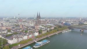 Cologne, Germany: Aerial view of city Cologne (Köln) on river Rhine, Cologne Cathedral (Kölner Dom) in historic city center - landscape panorama of Europe from above