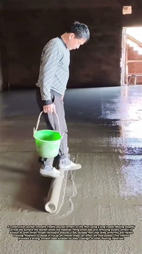Construction Worker Leveling Floor Cement with Long Trowel for Smooth Surface