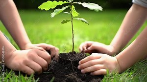 tree planting, Closeup of kids hands planting sapling in soil showing environmental care and green earth awareness for future generations