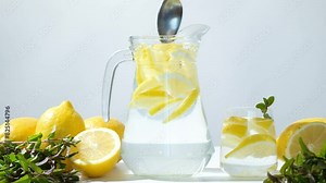 The process of making lemon water, immersing lemons in water and stirring with a spoon in a jug, slow motion