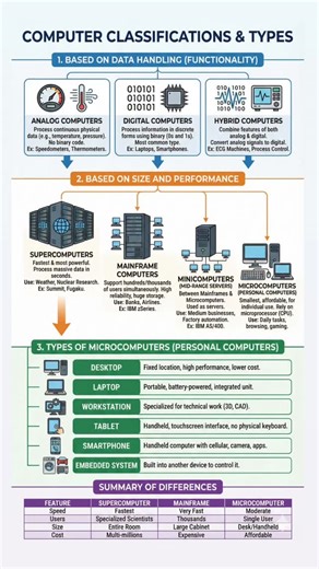MehraTech on Instagram: "1. Based on Data Handling (Functionality) ​This classification depends on the type of data the computer processes (continuous vs. discrete). ​Analog Computers: These process continuous physical data such as temperature, pressure, or speed. They do not use binary code (0s and 1s). ​Example: Speedometers in older cars, thermometers, and flight simulators. ​Digital Computers: These process information in discrete forms using binary code (0 and 1). This is the most common ty