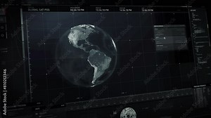 Spying technology is tracking the satellite network on a planet map. Tracking the location of the networks using the 3D projection of the planet. Tracking down network position on the planet matrix.