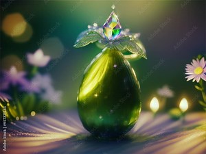 A green pickle in a magical fairy garden with glowing crystal flowers that refract light into rainbows