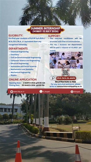 Summer Internship Programme 2026 at IIT Tirupati Research Opportunity | Stipend + FreeAccommodation