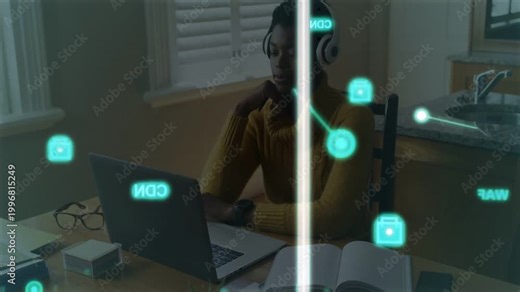 Cyan HUD overlay appearing, woman headphones tapping lip, checking book and typing laptop for study