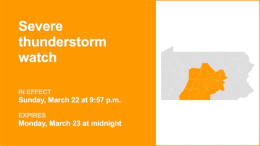 Central Pa. placed under a severe thunderstorm watch until early Monday