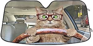 Fun Cat Driving Car Windshield Sun Shade Foldable UV Ray Sun Visor Protector Sunshade to Keep Your Vehicle Cool (55" x 27.6")