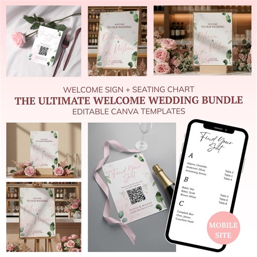 Wedding Welcome Sign Seating Chart Template Bundle Editable Canva ,modern Wedding Signs Printable , Guest List Digital Download - Etsy