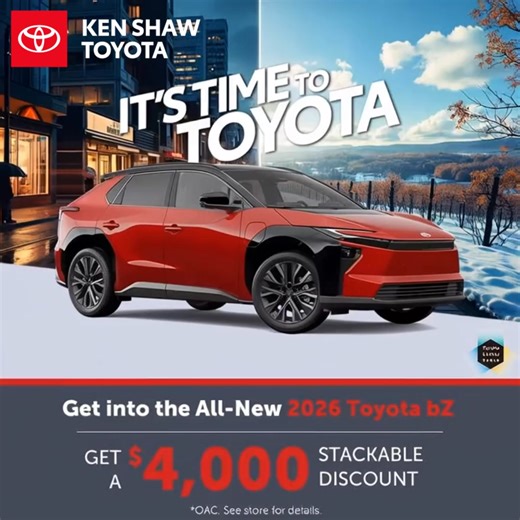 Upgrade to the electric 2026 Toyota bZ with 0.99% financing and $4,000 in stackable savings. Current Toyota drivers take 1% off finance or lease on all new models. Ken Shaw Toyota has your next move. | Ken Shaw Toyota
