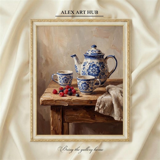 Blue Porcelain Delftware Teapot Still Life Painting - Chinoiserie Print, Dining Room Art - Etsy