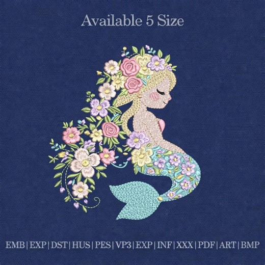 Floral Mermaid Embroidery Design, Boho Mermaid With Flowers, Ocean Fantasy Machine Embroidery File, Girl Nursery Decor Stitch Design - Etsy