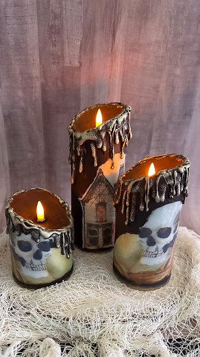 Handmade Happy Hour on Instagram: "Craft these Dollar Tree DIY Halloween spooky candles! Make them with napkin decoupage, hot glue, paints and Mod Podge. I love how this Halloween decor DIY turned out! #crafts #dollartree #halloweendiy #halloweendecor #decoupage"