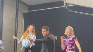 Karen Gillan risks wardrobe malfunction as she shows off toned legs