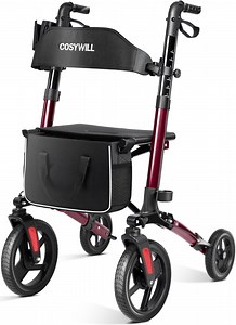 COSYWILL Walkers for Seniors,Foldable Rollator Walker with Seat,Mobility Walkers with 10" Big Wheels, Adjustable Handles and Backrest Height,Dark Red