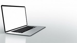 Laptop animation. Highly detailed aluminum laptop spinning and opening over white background. 4 videos in 1. The white display is perfect for tracking and adding your own photos or videos.