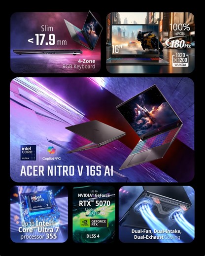 Acer Malaysia on Instagram: "Serious gaming power, without the bulk. The #NitroV 16S AI is a thin gaming laptop measuring less than 17.9mm packing an NVIDIA GeForce RTX 5070 Laptop GPU - built to slip into your backpack and still show up when it’s game time. Play harder, wherever you set up 🎒🔥 @nvidiageforce @intelgaming #GeForce #RTXON"