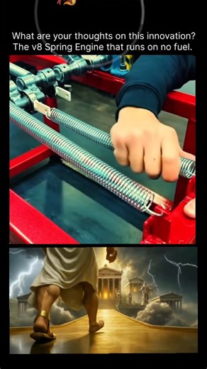 Made_to_Explain on Instagram: "Visualizing the physics of a V8 engine without the combustion. ⚙️💡 ​This "Spring Engine" is a fascinating study in mechanical linkages and energy conservation. Here is the engineering breakdown: ​Input: The system relies on initial kinetic energy provided by the human hand. ​Storage: The massive flywheel plays a crucial role here. Its high moment of inertia resists changes in rotational speed, storing the energy and smoothing out the movement. ​Conversion: The cra