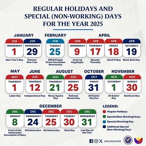 LOOK: List of regular holidays and special non-working/working days for 2025 as declared by President Ferdinand R. Marcos Jr., in line with Proclamation No. 727. #fbreels #highlightseveryone #highlightsシ゚ | Nyl Updates