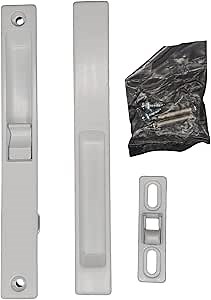 Gas Hardware Flush Mount Sliding Patio Door Lock Set, White Brass Non-Keyed Replacement, 6-5/8" Hole Spacing, 7-1/2" x 7/8" Faceplate, Hooks, Strike, Screws and Trim, 1 Set