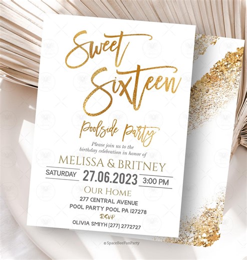 Sweet Sixteen Invitation Poolside Party Editable Sweet 16 Invite Gold Minimalist 16th Birthday Printable Template Digital Download SX1 - Etsy